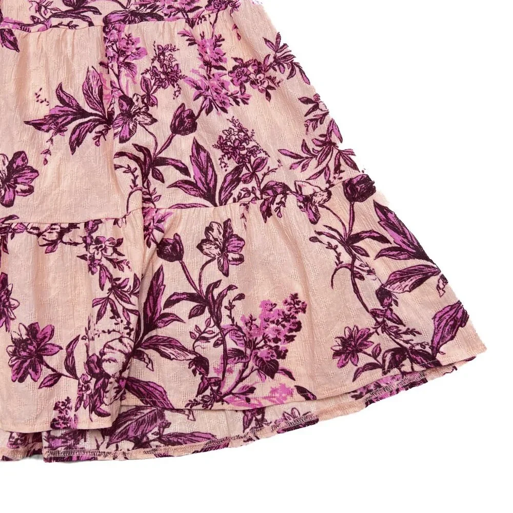 Free‎ People Sunbaked Swing Dress in Petal Pink Floral Crepe Ruffled Sz L - NWOT